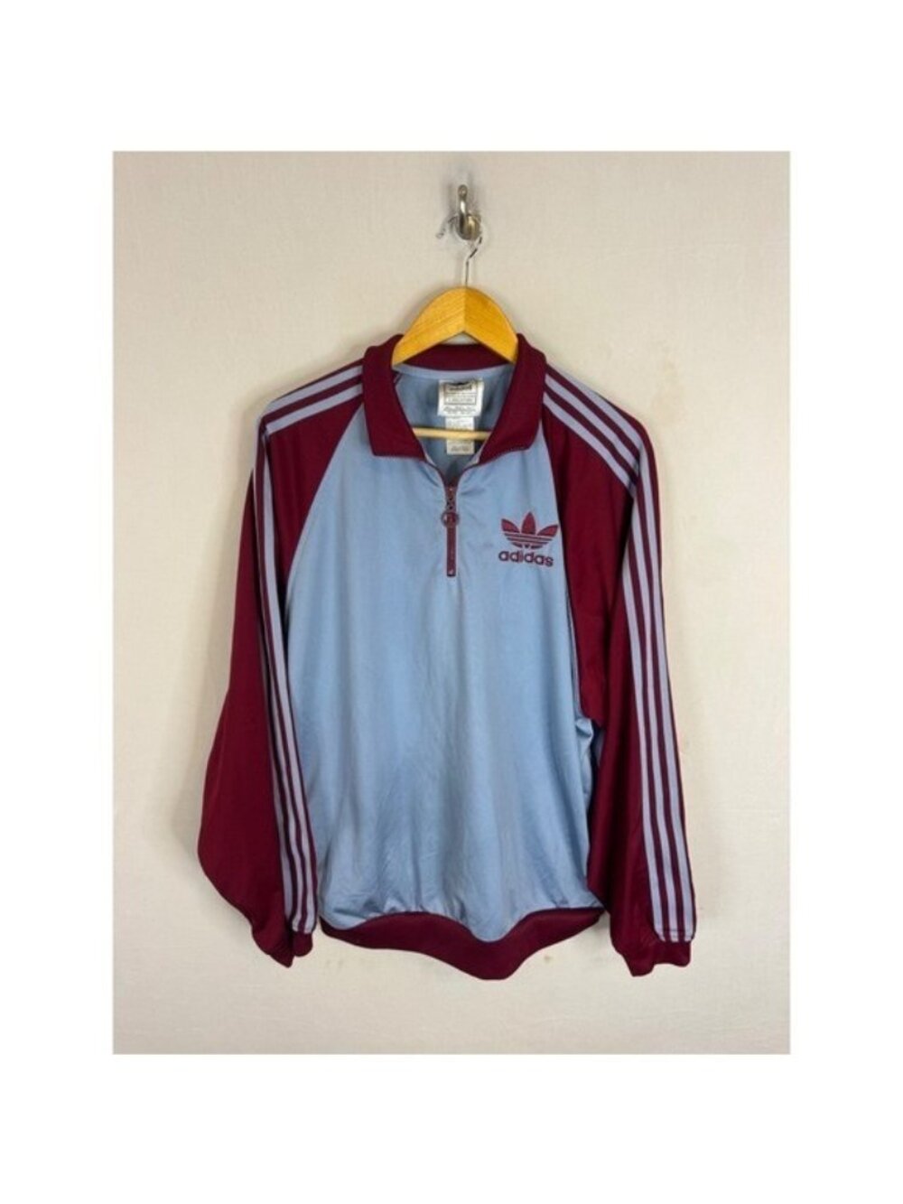 Vintage 80s Adidas Originals Quarter Zip Jacket Blue Burgundy Trefoil Mens L